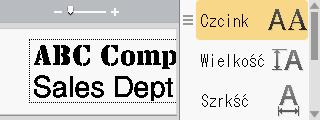 EDYCJA ETYKIETY Znak Znaki specjalne Znak Znaki specjalne i u I U k y K Y l z L Z Ustawianie atrybutów znaków ([Czcink]/[Wielkość]/ [Szrkść]/[Styl]/[Linia]/[Wyrówn.