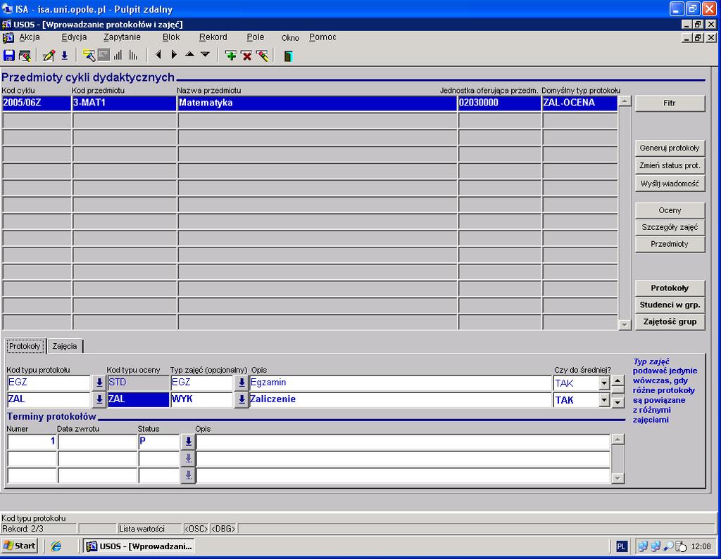 6. Wpisywanie typów zajęć i protokołów przedmiotów.