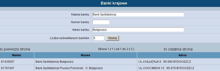 Poniżej przykład zadanych kryteriów i wyniki wyszukiwania banków: RACHUNKI URZĘDÓW SKARBOWYCH W opcji