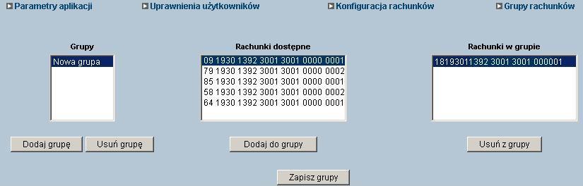 GRUPY RACHUNKÓW Aby prezentować informacje o kilku rachunkach w sposób syntetyczny można utworzyć grupę o dowolnej nazwie i przypisać jeden lub więcej rachunków do takiej grupy.