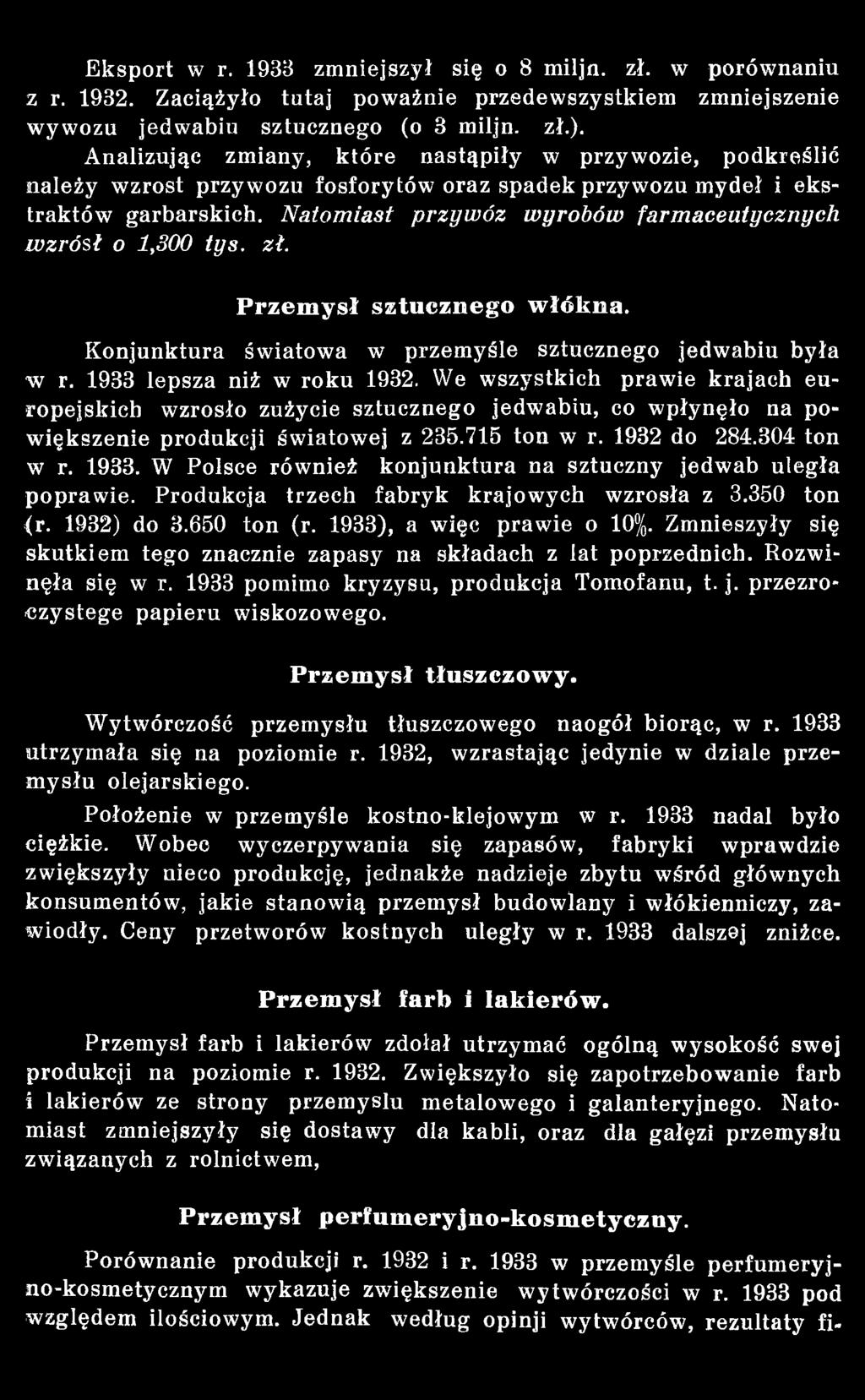 W Polsce również konjunktura na sztuczny jedwab uległa poprawie. Produkcja trzech fabryk krajowych wzrosła z 3.350 ton <r. 1932) do 3.650 ton (r. 1933), a więc prawie o 10%.