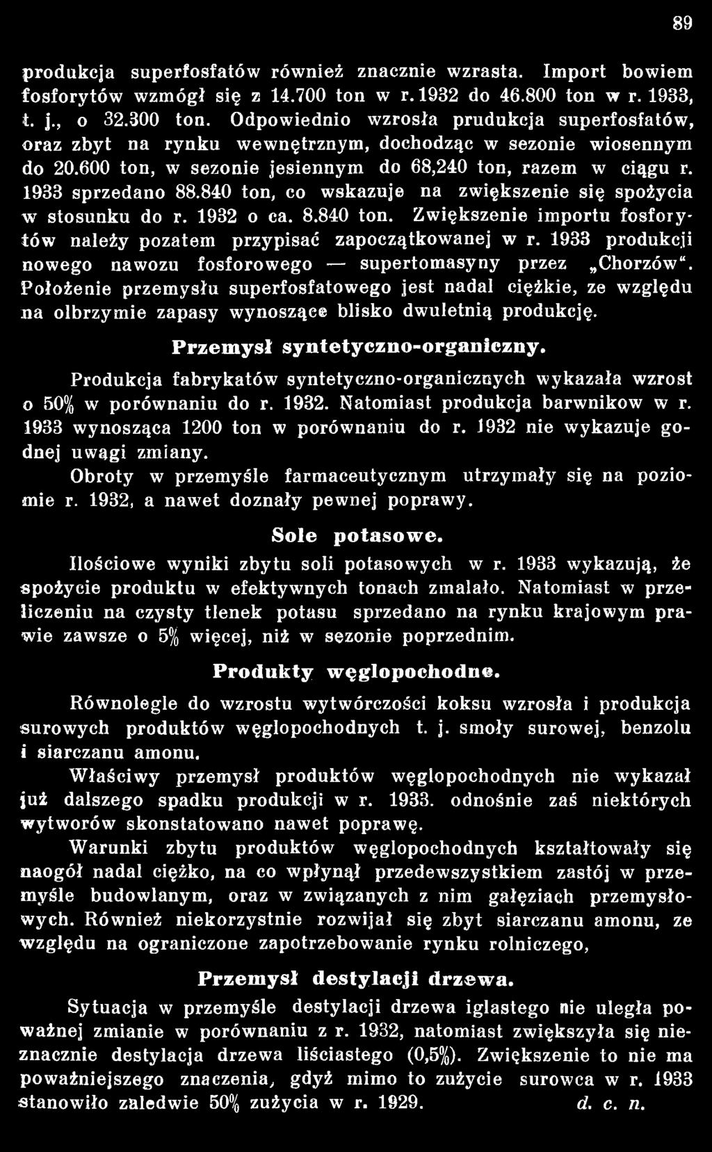 Położenie przem ysłu superfosfatowego jest nadal ciężkie, ze względu n a olbrzym ie zapasy w ynoszące blisko dw uletnią produkcję. P rzem ysł sy n tetyczn o-organiczn y.