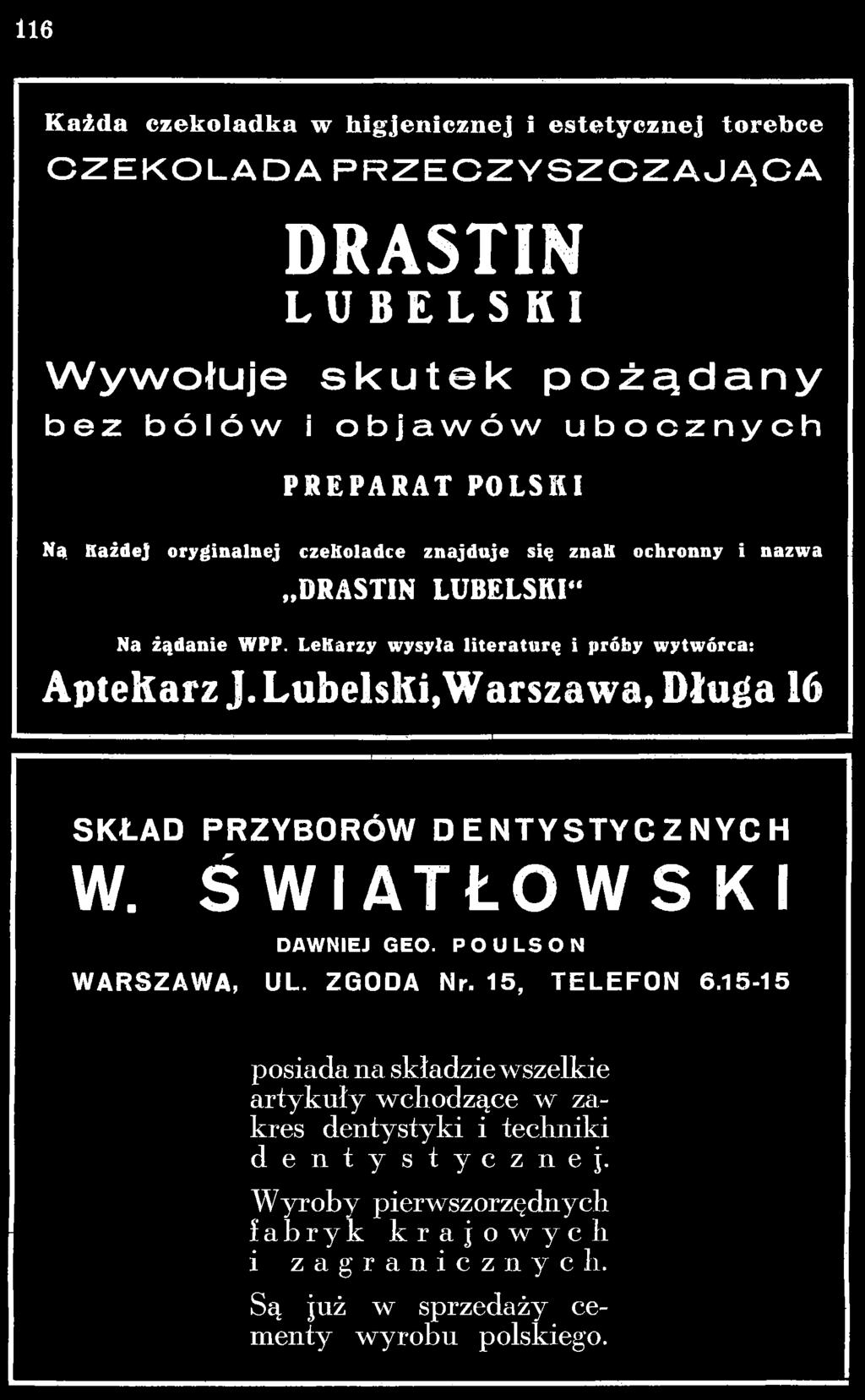 LubeisKi,W arszawa, Długa 16 SKŁAD PRZYBORÓW DENTYSTYCZNYCH W. ŚWIATŁOWSKI DAWNIEJ GEO. POULSON WARSZAWA, UL.