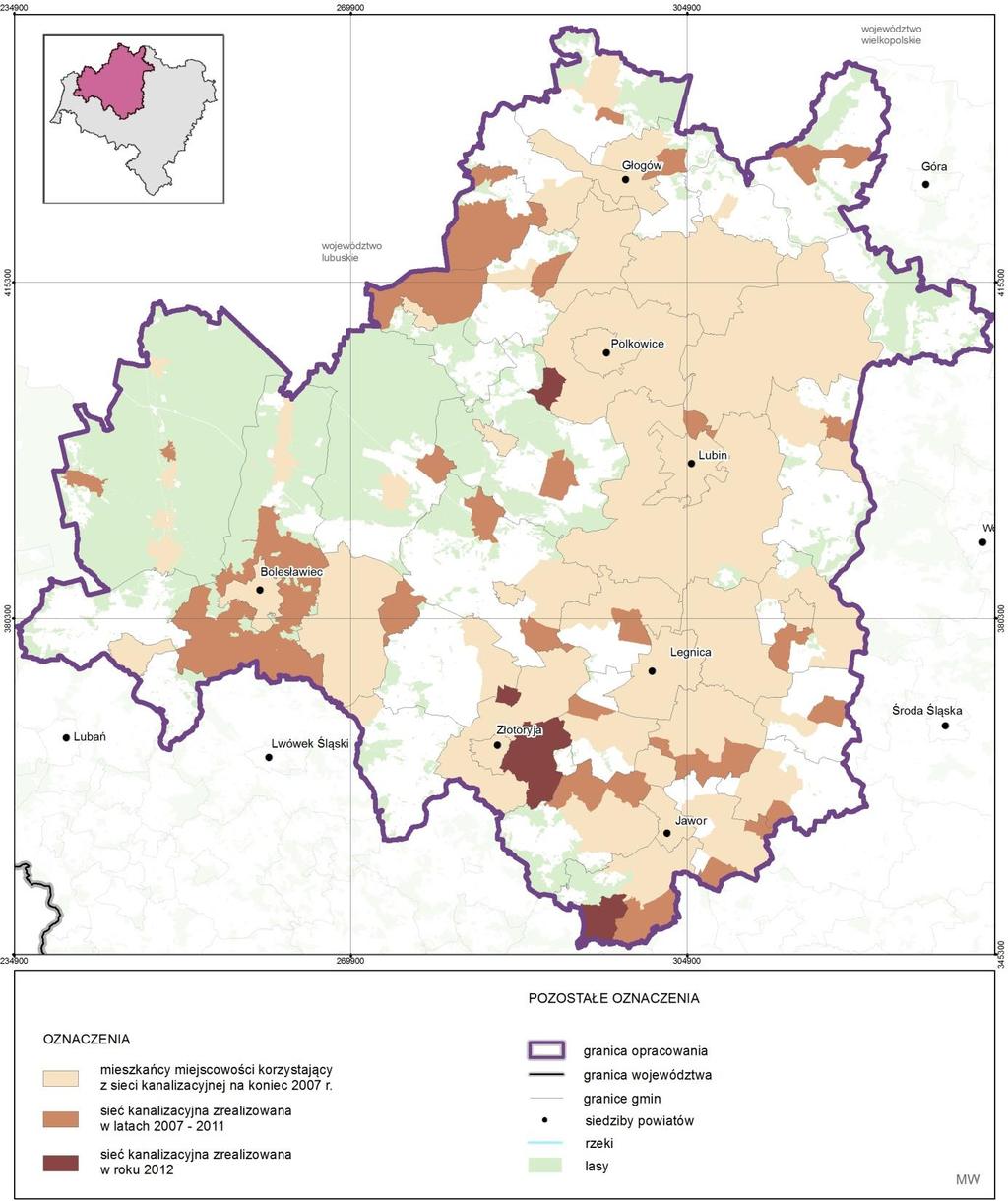 MAPA 37. GOSPODARKA ŚCIEKOWA 5.2. GOSPODARKA ODPADAMI W 2012 roku na terenie LGOF zebrano w ciągu roku 172 992 ton zmieszanych odpadów komunalnych, co stanowi 20,87% wartości dla województwa.