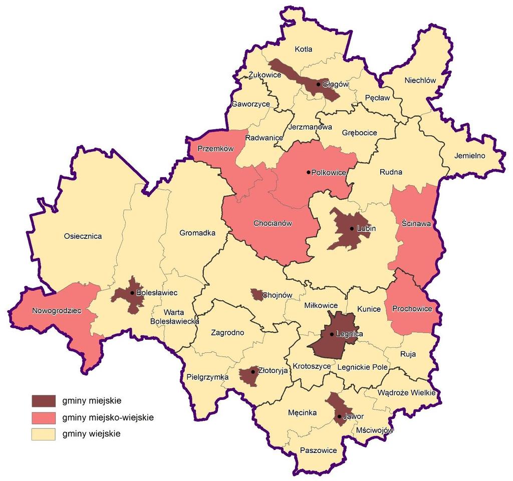 gminy wiejskie: Bolesławiec, Gromadka, Osiecznica, Warta Bolesławiecka, Męcinka, Mściwojów, Paszowice, Wądroże Wielkie, Pielgrzymka, Zagrodno, Złotoryja, Głogów, Jerzmanowa, Kotla, Pęcław, Żukowice,