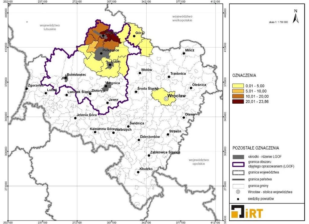 MAPA 44. UDZIAŁ DOJEŻDŻAJĄCYCH DO PRACY DO BOLESŁAWCA W LICZBIE PRACUJĄCYCH WG MIEJSCA ZAMIESZKANIA W 2012 R.