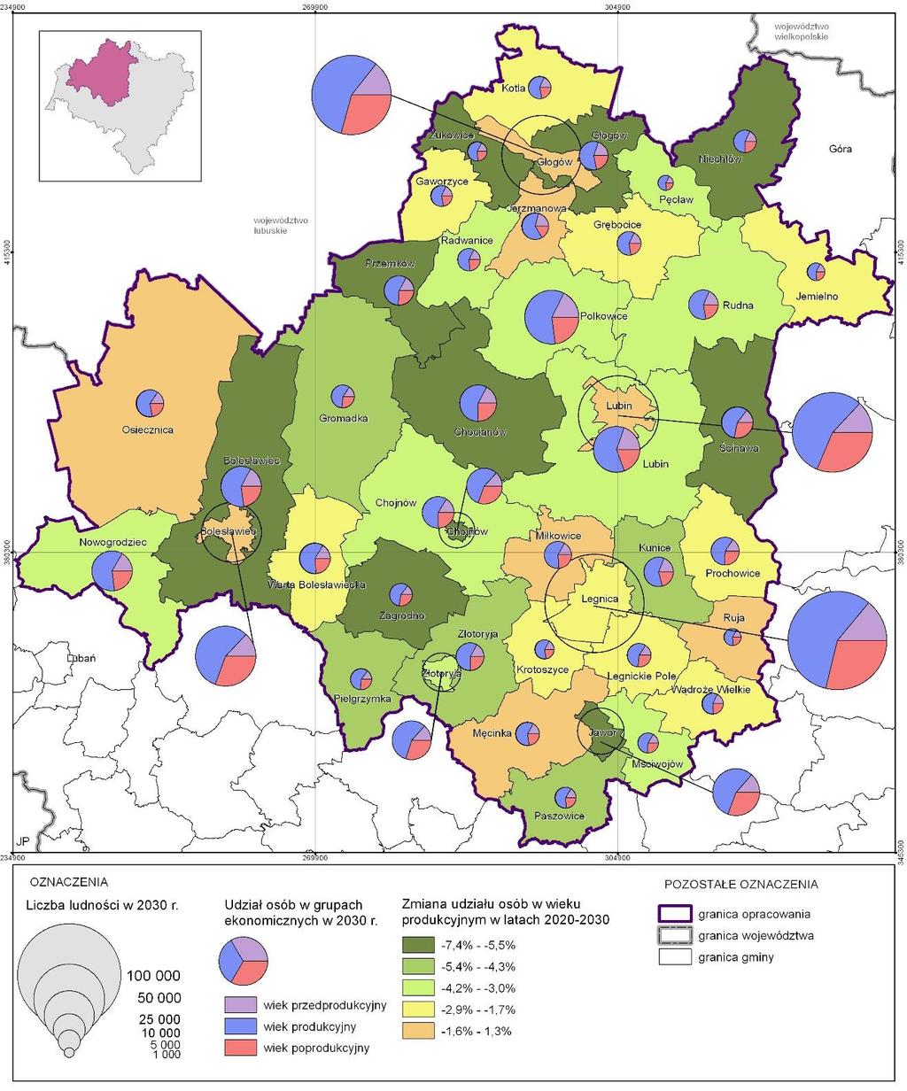 MAPA 68. STRUKTURA LUDNOŚCI WG GRUP EKONOMICZNYCH W 2030 ROKU.