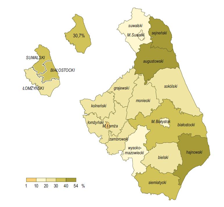 Mapa 36. Lesistość województwa podlaskiego według podregionów i powiatów Źródło: Ochrona środowiska i leśnictwo w województwie podlaskim w 2014 r., Urząd Statystyczny w Białymstoku, Białystok, 2015.