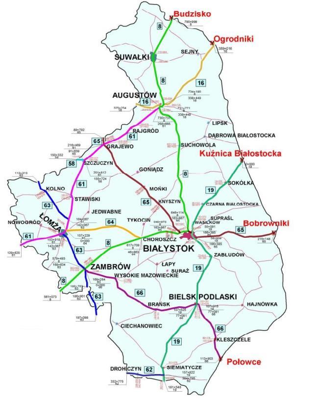 Mapa 2. Sieć drogowa województwa podlaskiego Źródło: Informacja o stanie środowiska na obszarze województwa podlaskiego w 2014 r., WIOŚ Białystok,