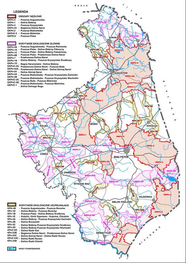 Mapa 40. Korytarze ekologiczne na terenie województwa podlaskiego Źródło: Prognoza oddziaływania na środowisko SRWP 2020 za Podlaskie Biuro Planowania Przestrzennego w Białymstoku, 2012.