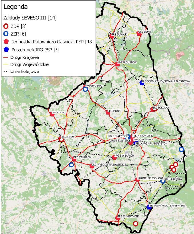 Mapa 41. Zagrożenia o charakterze toksycznym na terenie województwa podlaskiego Źródło: KW PSP w Białymstoku, 2016 r.