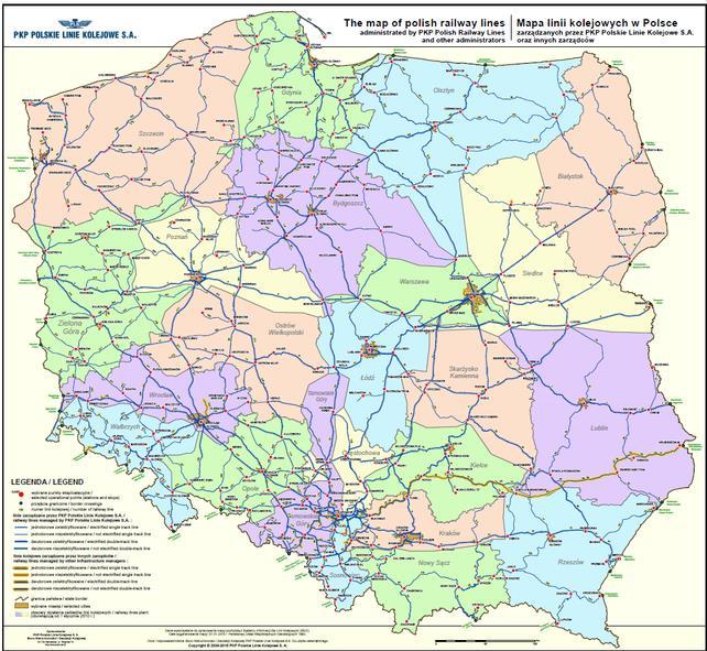 Mapa 11. Rozmieszczenie sieci linii kolejowych na terenie Polski i województwa podlaskiego Źródło: opracowanie własne na podstawie danych opublikowanych na stronie internetowej www.plk-sa.pl. Tabela 14.