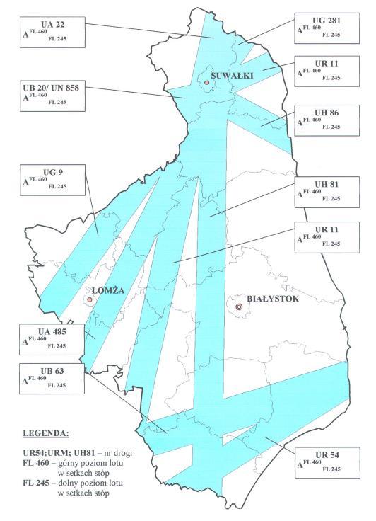 Mapa 12. Przestrzenne rozmieszczenie korytarzy powietrznych w województwie podlaskim Źródło: Aktualizacja nr 4 Planu działań systemu Państwowe Ratownictwo Medyczne.