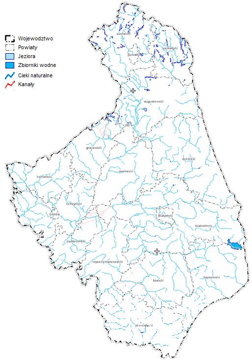 Mapa 23. Sieć hydrograficzna województwa podlaskiego Źródło: Portal Wojewódzkiego Zarządu Melioracji i Urządzeń wodnych w Białymstoku. GeoMelio Podlaskiehttp://83.17.243.