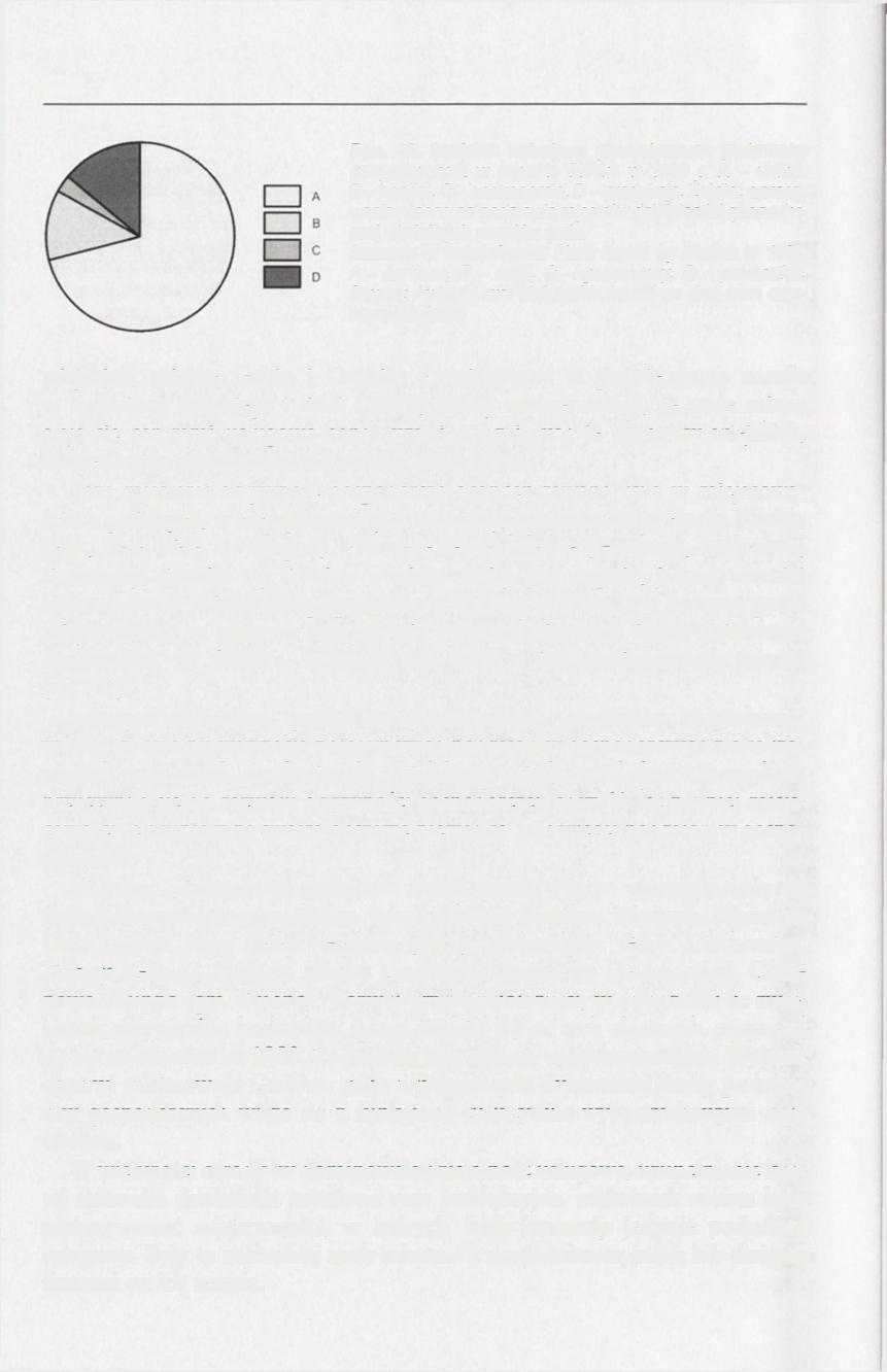 132 Rye. 46. Struktura rodzajowa pozarolniczych podmiotow gospodarczych w regionie Rocka w 1989 r. A - usługi, B - handel, C - gastronomia, D - produkcja.