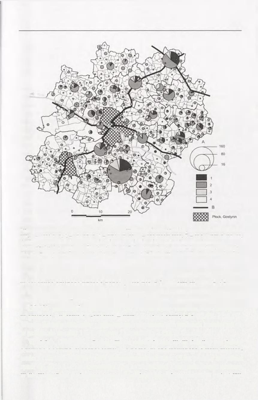 133 Rye. 47. Pozarolniczą działalność gospodarcza w regionie Rocka w 1989 r. A - podmioty gospodarcze: 1 - handlowe, 2 - usługowe, 3 - produkcyjne, 4 - gastronomiczne, B - szlaki komunikacyjne.