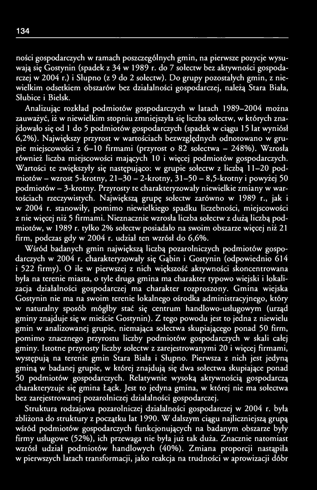 Analizując rozkład podmiotów gospodarczych w latach 1989-2004 można zauważyć, iż w niewielkim stopniu zmniejszyła się liczba sołectw, w których znajdowało się od 1 do 5 podmiotów gospodarczych