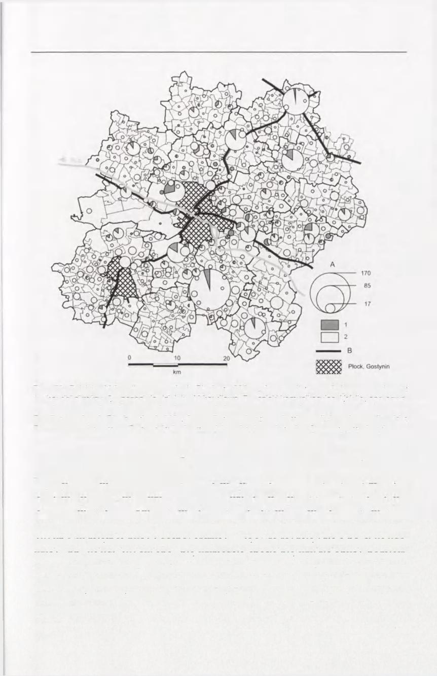 145 Rye. 53. Działalność handlowa w regionie Płocka w 2004 r. A - handlowe podmioty gospodarcze: 1 - handel okrężny, 2 - pozostała działalność handlowa, B - szlaki komunikacyjne.