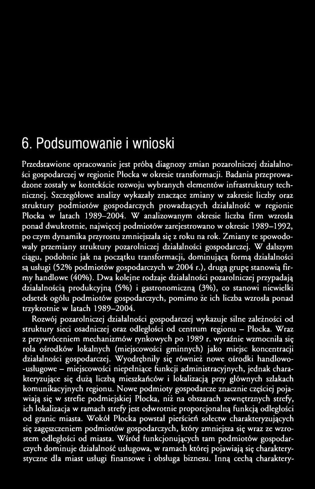 Szczegółowe analizy wykazały znaczące zmiany w zakresie liczby oraz struktury podmiotów gospodarczych prowadzących działalność w regionie Płocka w latach 1989-2004.