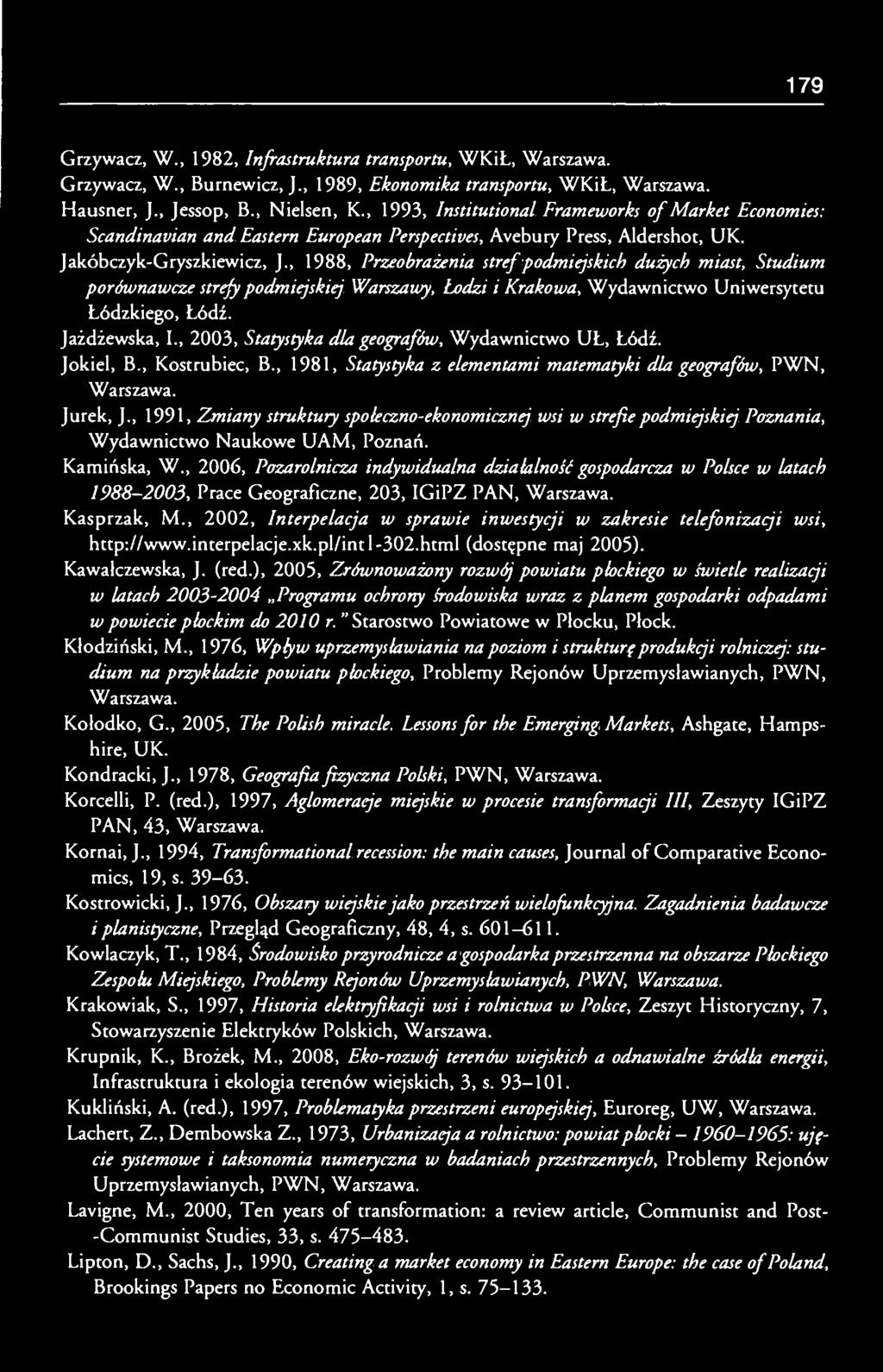 , 1988, Przeobrażenia stref podmiejskich dużych miast, Studium porównawcze strefy podmiejskiej Warszawy, Łodzi i Krakowa, Wydawnictwo Uniwersytetu Łódzkiego, Łódź. Jażdżewska, I.