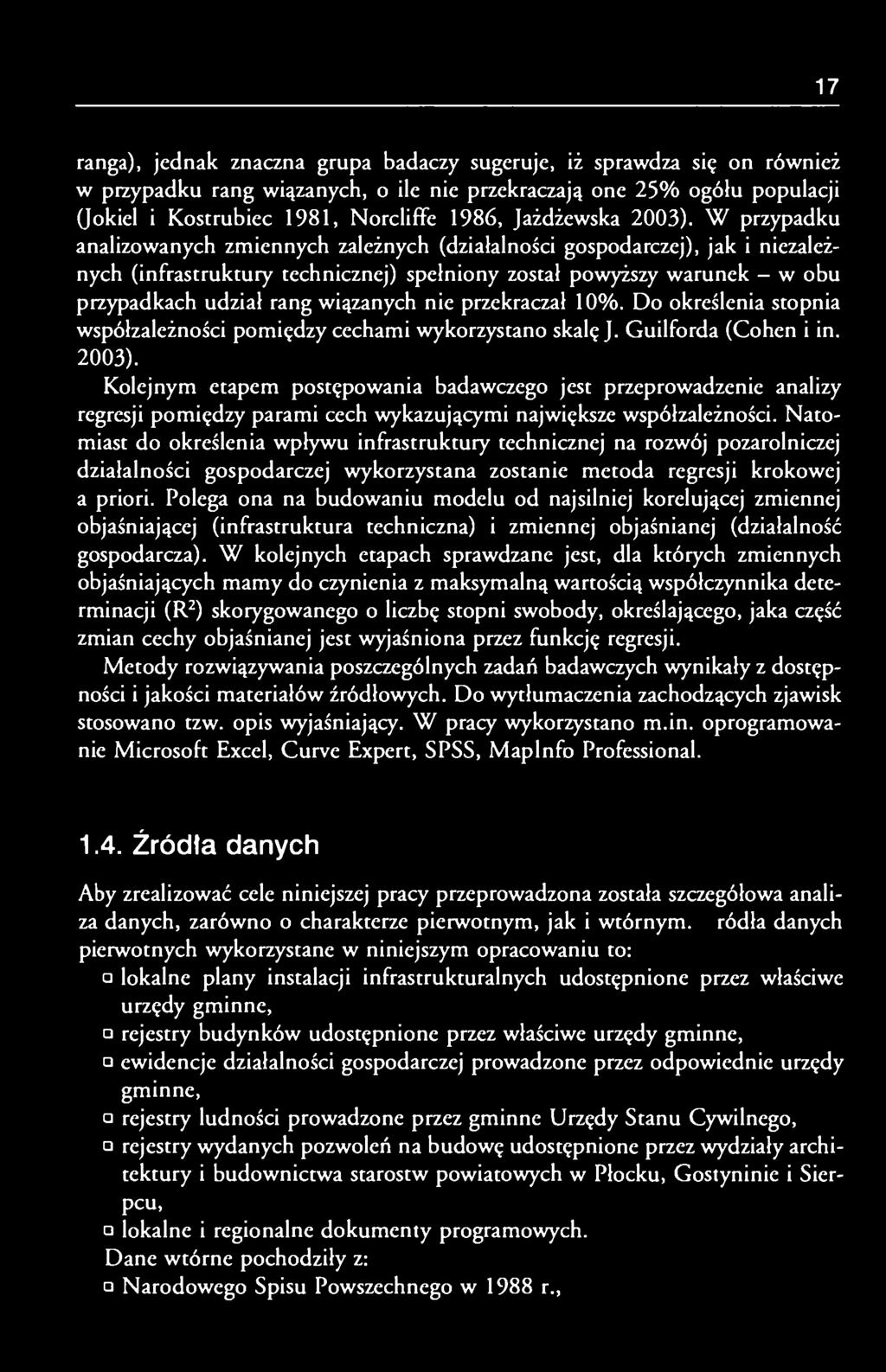 W przypadku analizowanych zmiennych zależnych (działalności gospodarczej), jak i niezależnych (infrastruktury technicznej) spełniony został powyższy warunek - w obu przypadkach udział rang wiązanych