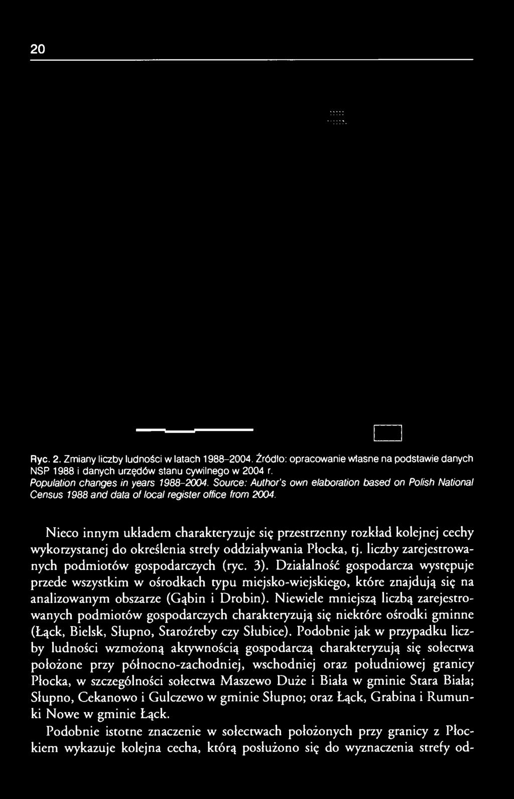 Nieco innym układem charakteryzuje się przestrzenny rozkład kolejnej cechy wykorzystanej do określenia strefy oddziaływania Płocka, tj. liczby zarejestrowanych podmiotów gospodarczych (ryc. 3).