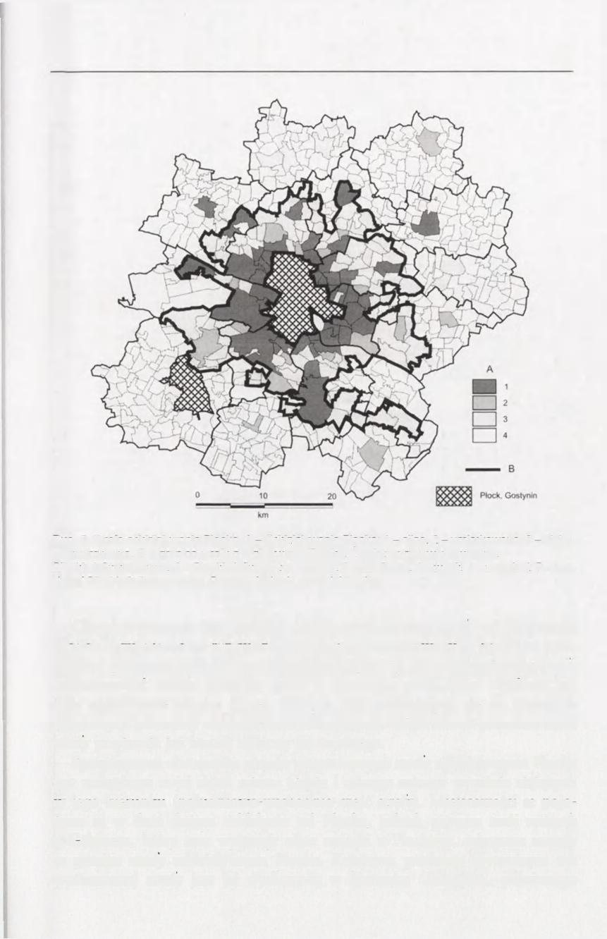 23 Rye. 5. Strefa oddziaływania Ptocka. A - Oddziaływanie Płocka: 1 - silne, 2 - umiarkowane, 3 - stabe, 4 - marginalne, B - granica strefy oddziaływania Ptocka. Źródło: opracowanie własne.