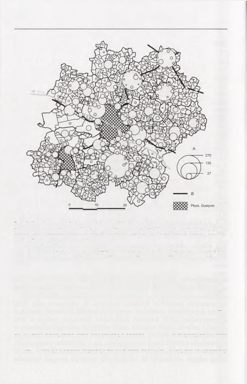 32 km Ryc. 9. Rozmieszczenie i liczba nowych inwestycji budowlanych wg wydanych pozwoleń na budowę w latach 1990-2004 w regionie Ptocka. A - pozwolenia na budowę, B - szlaki komunikacyjne.