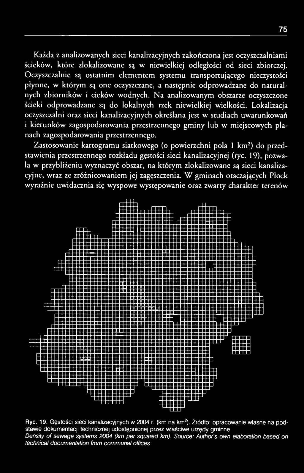 Zastosowanie kartogramu siatkowego (o powierzchni pola 1 km 2 ) do przedstawienia przestrzennego rozkładu gęstości sieci kanalizacyjnej (ryc.