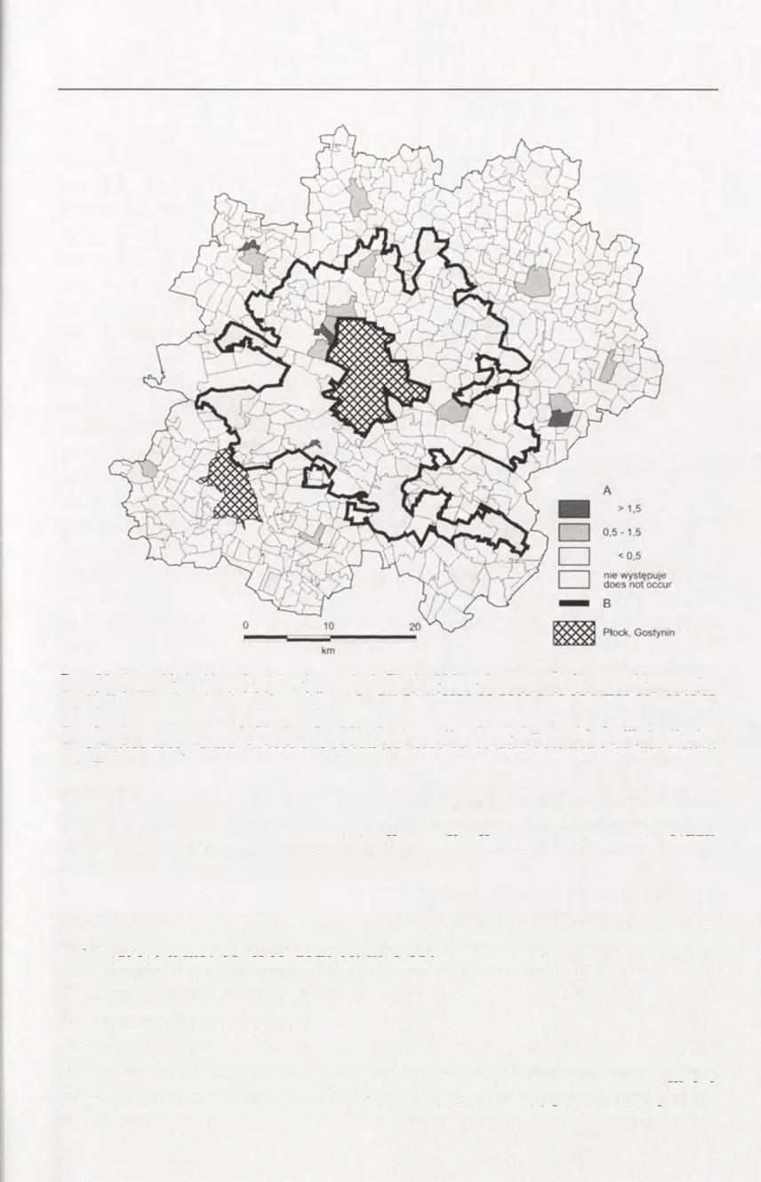 81 Ryc. 22. Gęstość sieci kanalizacyjnych w regionie Płocka 2004 r. (km na km 2 ). A - gęstość sieci kanalizacyjnych, B - strefa podmiejska.