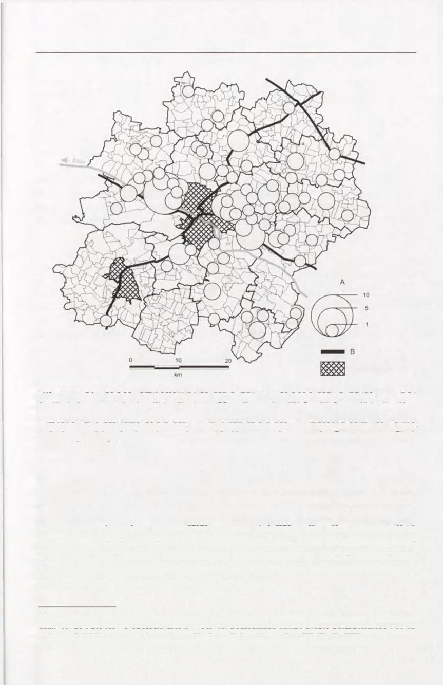 97 Ptock, Gostynin Ryc. 29. Liczba instalacji przydomowych na gaz ptynny. A - instalacje gazu płynnego, B - szlaki komunikacyjne.