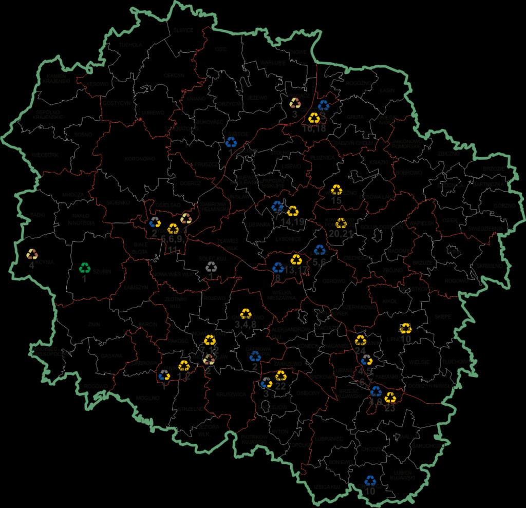 PLAN GOSPODARKI ODPADAMI WOJEWÓDZTWA KUJAWSKO POMORSKIEGO na lata 2016-2022 z perspektywą na lata 2023-2028 Mapa 9 Instalacje (największe) do recyklingu następujących frakcji odpadów komunalnych: