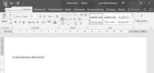 Zapisanie dokumentu na dysku Jeśli przerobiłeś nasz kurs dotyczący Windows, to wiesz już, że pracując z komputerem operujesz na danych komputerowych (w naszym przypadku na tekstach dokumentów), które