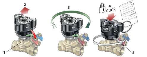 Ustawianie i blokowanie Zawór posiada wbudowany element nastawczy przepływu. Ustawienie wymaganego przepływu jest wykonywane w pięciu krokach: 1.