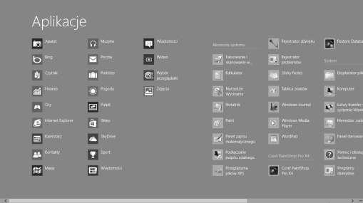 Ukaże się inny ekran Ekran aplikacji, gdzie pokazane są rysunki (nazywane ikonami) reprezentujące wszystkie programy (aplikacje)