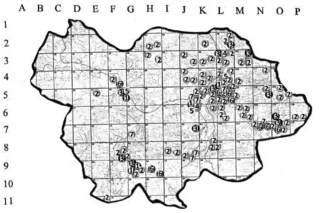 Objaśnienia:1 kościoły, 2 kapliczki i krzyże przydrożne, 3 cmentarze i miejsca pamięci narodowej, 4 dwory Ryc. 2b. Obiekty kulturowe w gminie Ciężkowice.