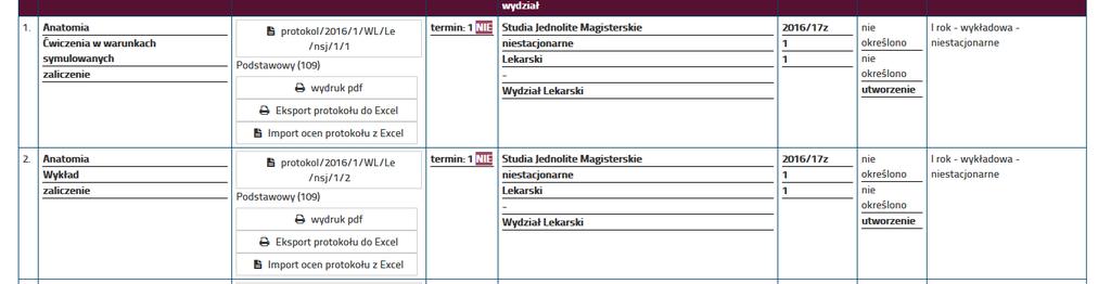 rodzaj studiów, forma, kierunek, specjalność i wydział, wyświetla rok akademicki, rok studiów i semestr na którym występuje dany przedmiot, wyświetla daty w jakich