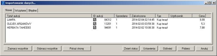 Dzia anie Aby zaimportowa dane nale y z kartoteki Sprzeda wybra przycisk 'Zestawienia'. Nast pnie wykona raport 'Pobierz zako czone aukcje (BLOT)'.