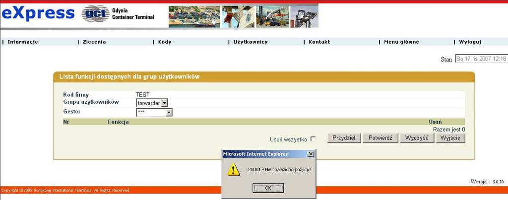 JeŜeli dana grupa została dopiero załoŝona lub nie ma przypisanych Ŝadnych uprawnień pojawi się komunikat 20001 Nie znaleziono pozycji.