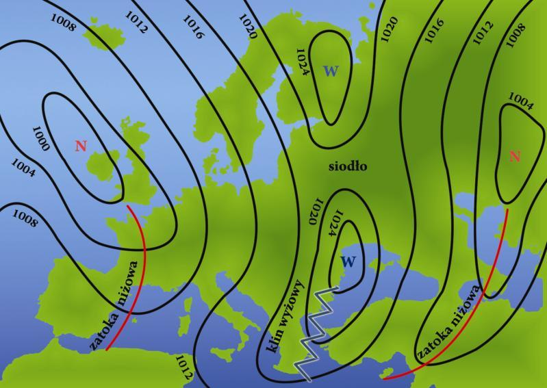 Rysunek 5-8. Izobary- mapa przyziemna. 5.9.3. Izohipsy. Powyżej poziomu ziemi do analizy ciśnienia używa się map górnych. Są to mapy tzw.