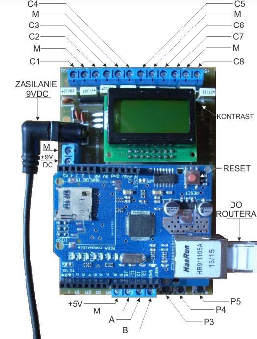 Podłączenie elektryczne Opis Web Serwera: C1, C2, C3, C4 nieużywane C5, C6, C7, C8 nieużywane Gniazdo zasilające 9VDC umożliwia podłączenie zasilacza (-)M, (+)9VDC umożliwiają podłączenie zasilacza