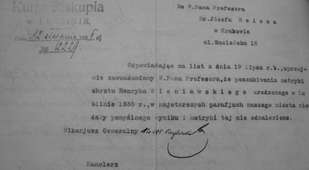 Metryka chrztu Henryka Wieniawskiego oraz nieudane próby jej odszukania dały wyniku i metryki tej nie odnaleziono 14.