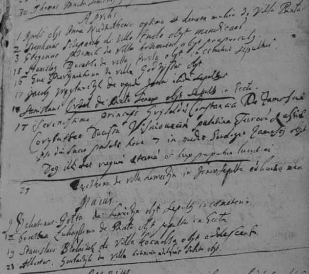 Sprawozdania Fragment współoprawnych wpisów zgonów i ślubów parafii w Białej z lat 1654-1723 (Archiwum Parafialne w Janowie Lubelskim, sygn. 1, s. 15).