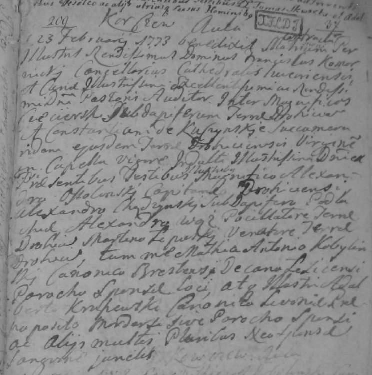 Kuczyńscy herbu Ślepowron linia kasztelańska. Materiały genealogiczne ADD, Akta parafii Knychówek, sygn. I/M/1 (księga ślubów parafii Knychówek z l. 1755-1797), s. 37; por. nr 43.