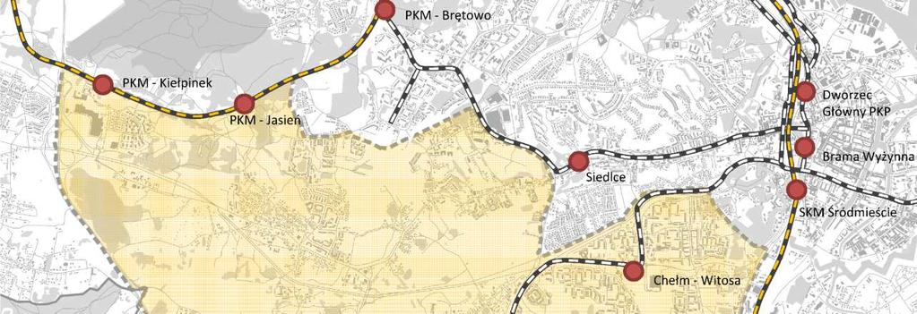 Sieć transportu zbiorowego uwzględnia w wariancie bezinwestycyjnym funkcjonowanie zrealizowanych w ostatnim okresie elementów: Pomorskiej Kolei Metropolitalnej oraz nowego odcinka linii SKM i węzła