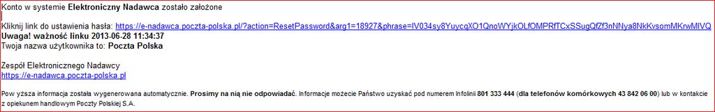 Rys. 12. Informacja o założeniu konta przesłana przez Administratora. Po kliknięciu na otrzymany link klient jest przekierowany na stronę www aplikacji. W oknie (Rys. 12a) należy ustawić swoje hasło.