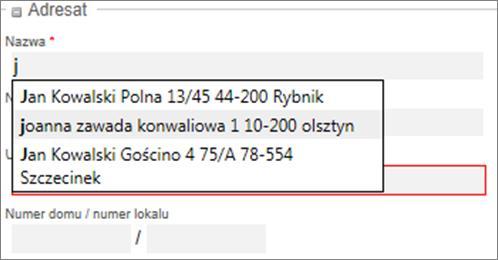 ciąg znaków (Rys. 24). Tworząc przesyłkę w systemie klient może zapisać dodatkowy opisu przesyłki, który następnie pojawi się na wydruku nalepki adresowej. Rys. 24. Autouzupełnianie pól.