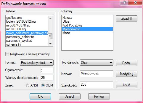 odpowiedni Format (Rozdzielony niestandardowo) oraz Ogranicznik