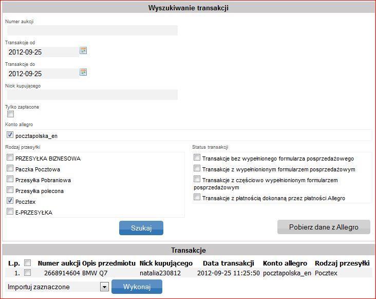 Rys. 43d. Okno z rezultatami wyszukiwania. Lista pobranych z Allegro transakcji lub wyszukanych na podstawie pobranych danych jest gotowa do importu.