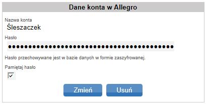 Rys. 59. Formatka danych konta w Allegro. 6.4.5. Zmiana hasła Funkcja ta umożliwia zmianę hasła, aktualnie zalogowanemu użytkownikowi.